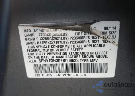 2015 Honda Pilot Se из США, поврежденный, VIN 5FNYF3H30FB009633